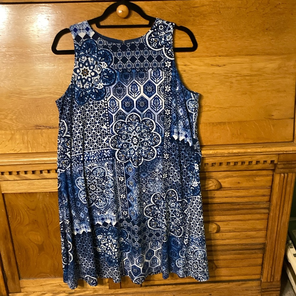 Anne Klein Blue Boho Mosaic Patchwork Sleeveless Shift Dress Mandala Print L/G